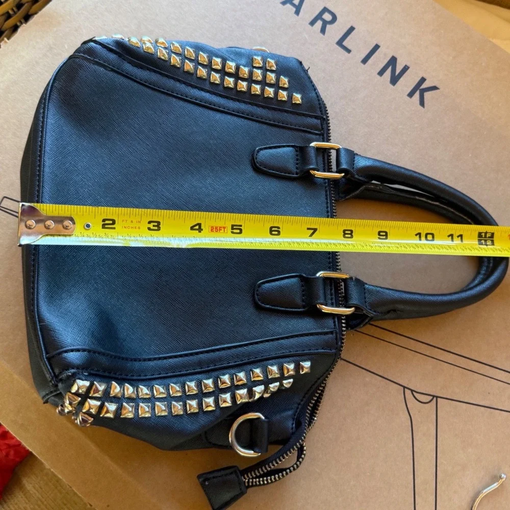 Unbranded Black Studded Satchel Handbag Gold Pyramid Studs Zebra Lining Rocker